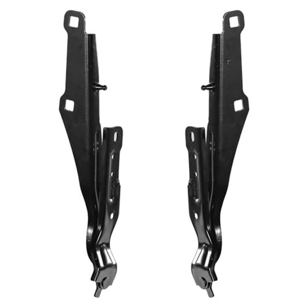 Two black front hood hinges with pivot pins and mounting plates