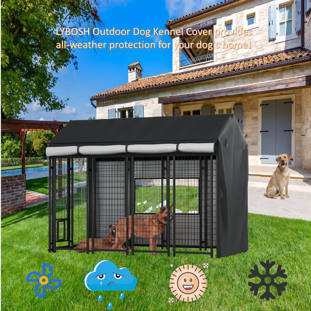 Outdoor dog kennel cover with side and front dark fabric walls over metal dog cage