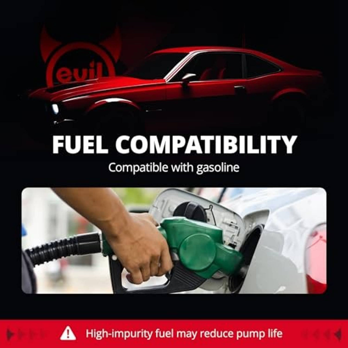 Electric in-tank fuel pump with gasoline compatibility warning graphic