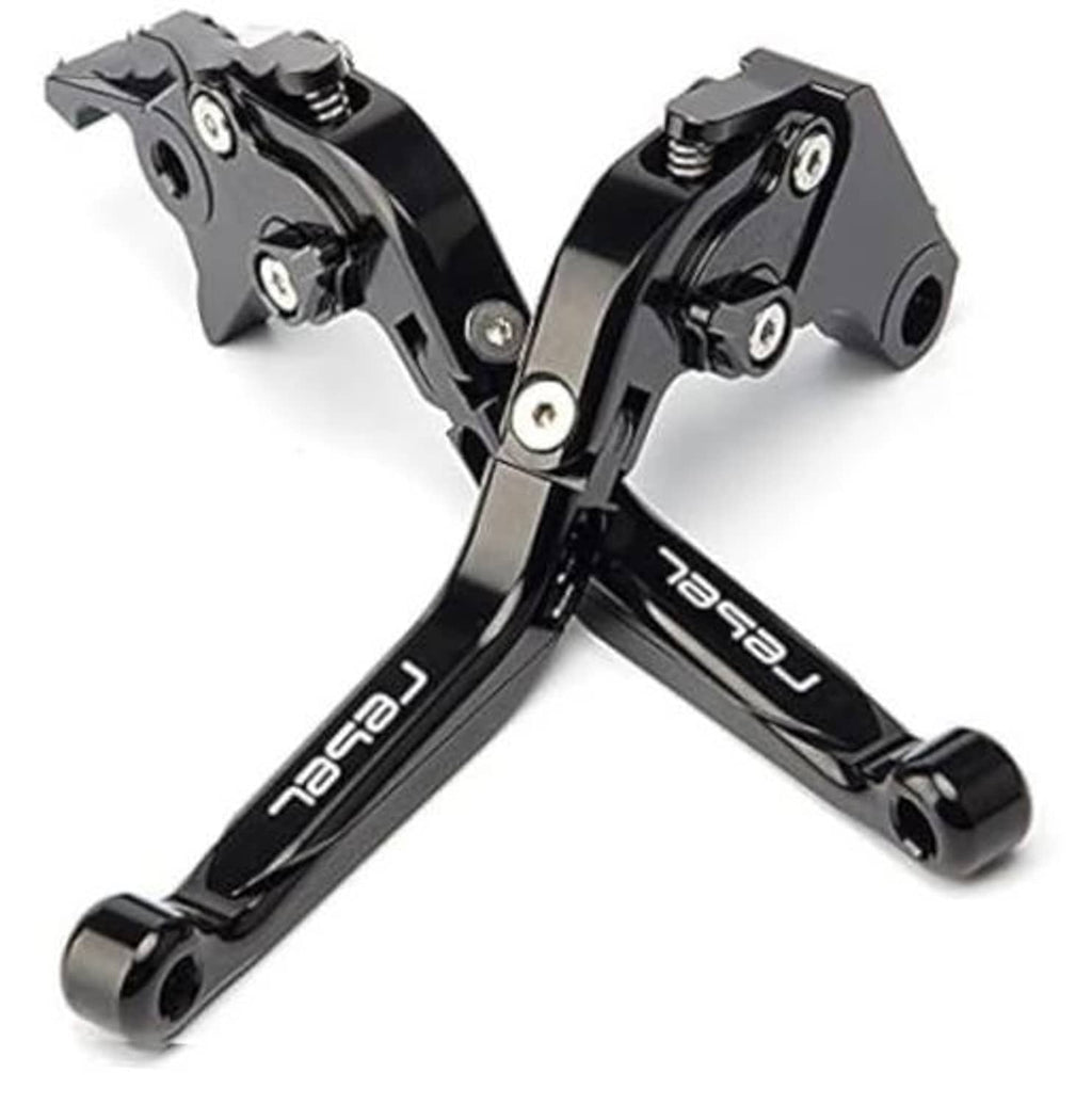 Black motorcycle brake/clutch lever set with folding pivot and rubber end grips