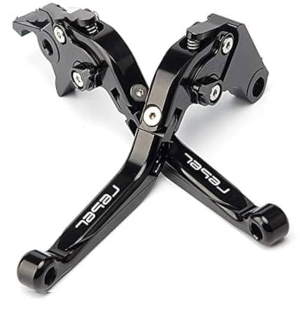 Black motorcycle brake/clutch lever set with folding pivot and rubber end grips