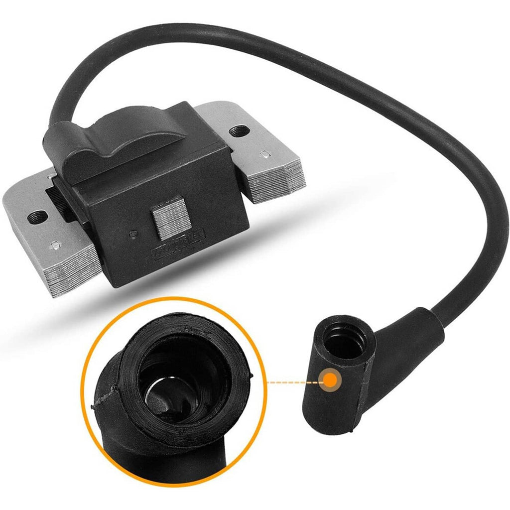Ignition coil module with wire and black spark plug boot connection, close-up