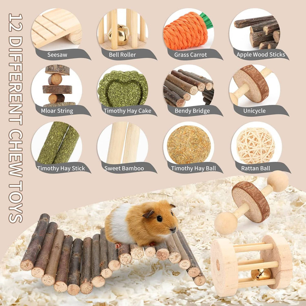 Assorted natural wood and hay chew toys: heart ball, log bridge sticks, carrot, and hay balls