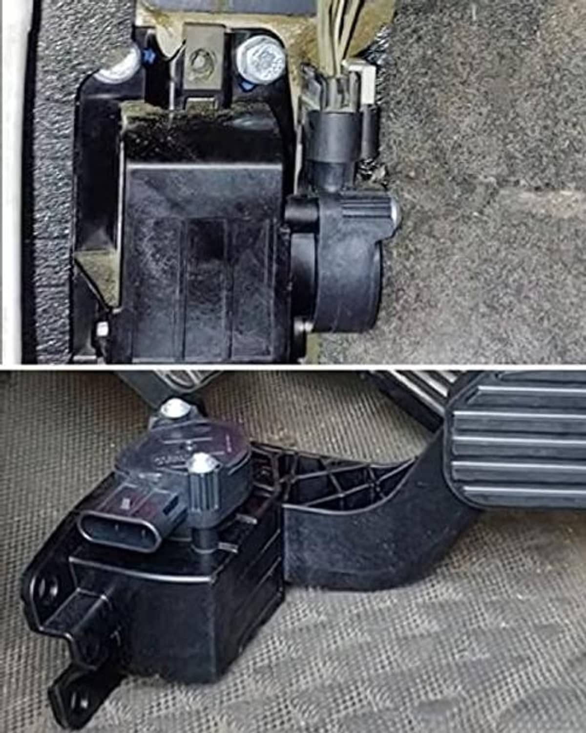 Throttle position sensor mounted on engine bay, black housing with wiring connector