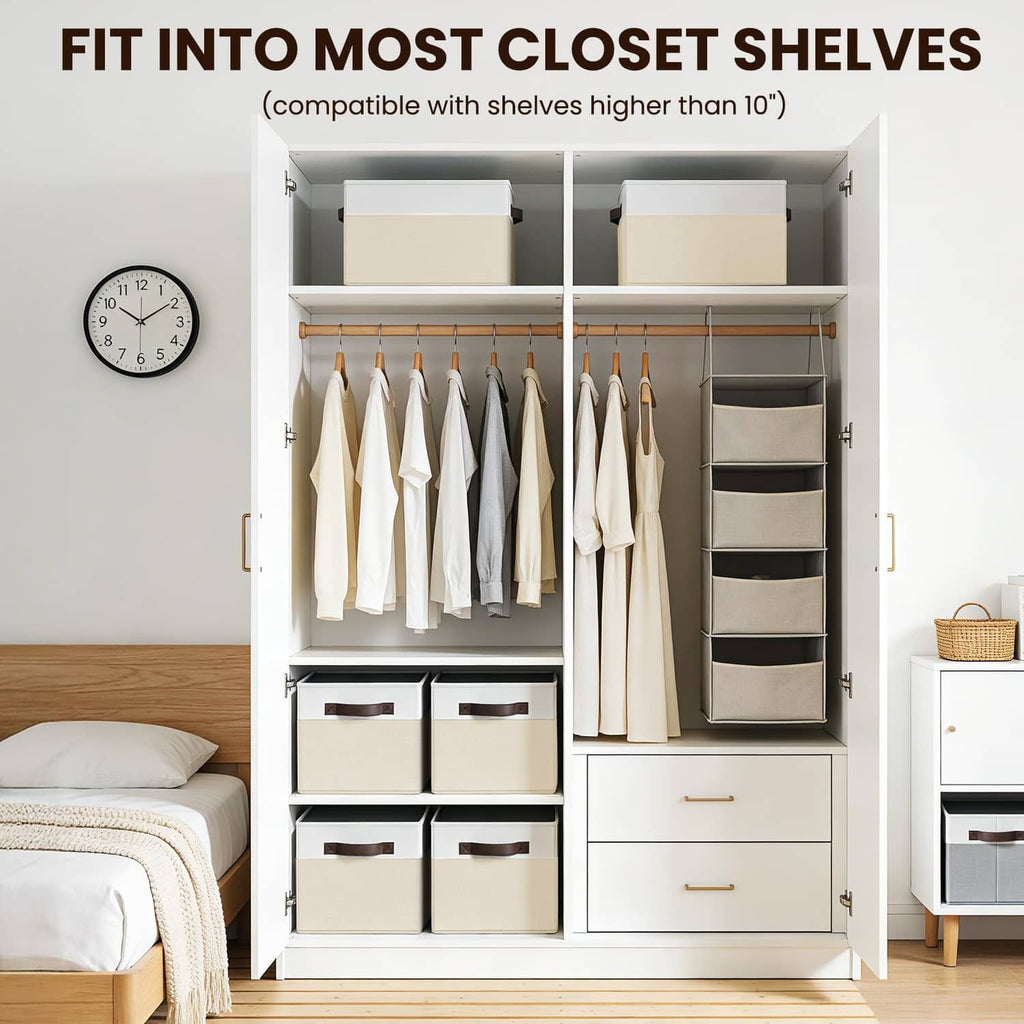 Rectangular storage bins with black handles arranged inside a wardrobe closet