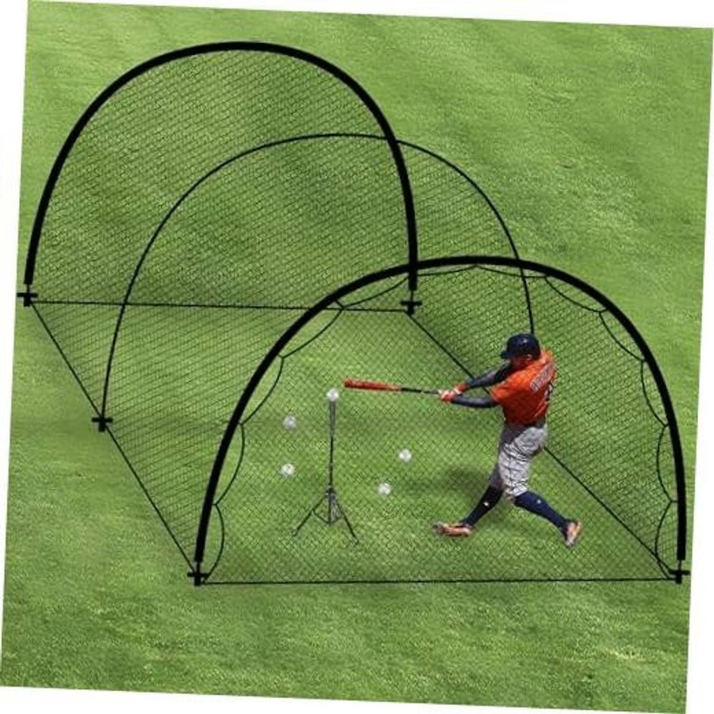 Portable batting cage net with black frame, green mesh and batting practice setup