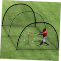 Portable batting cage net with black frame, green mesh and batting practice setup