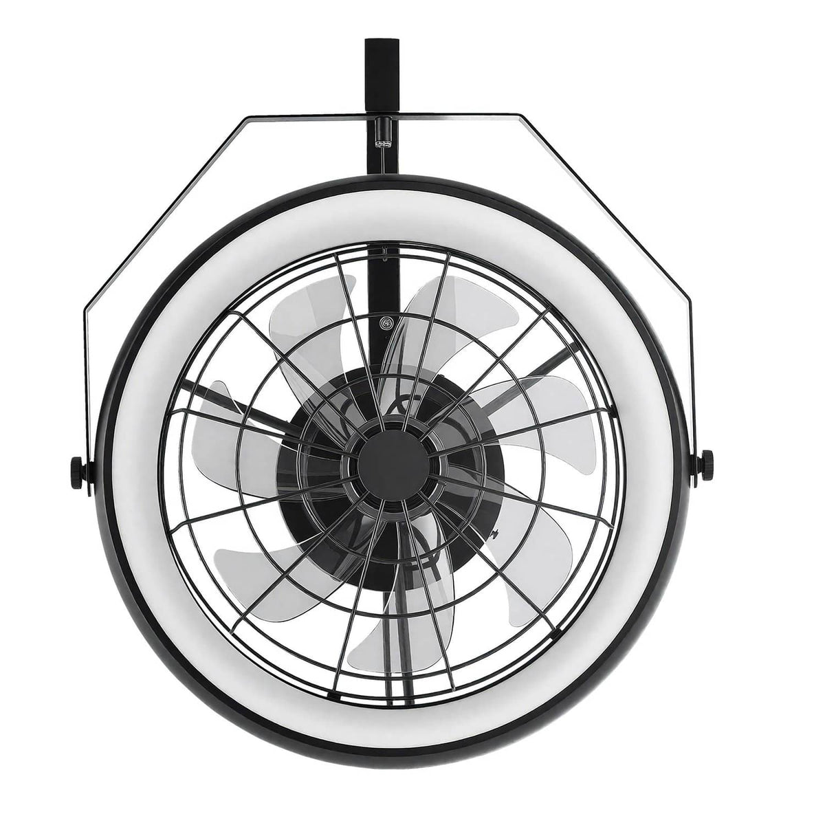 Wall-mount fan with light, front view of black grille and circular blade guard