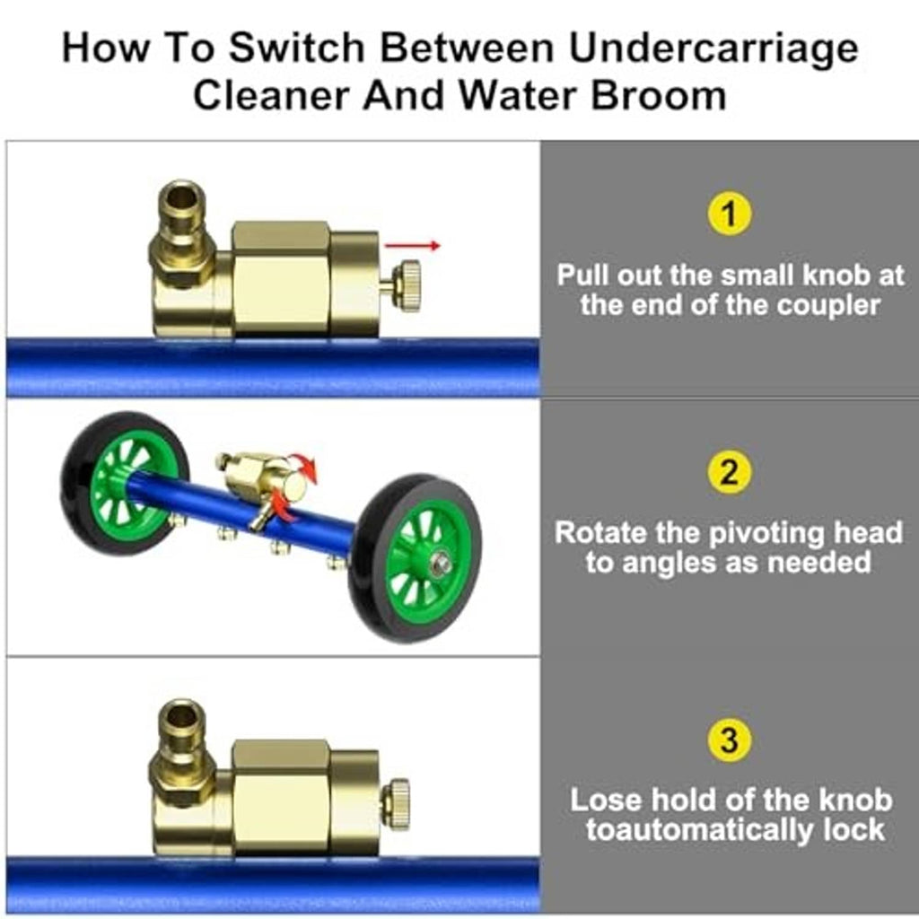 Blue pressure washer attachment with brass coupler for switching heads and green wheels