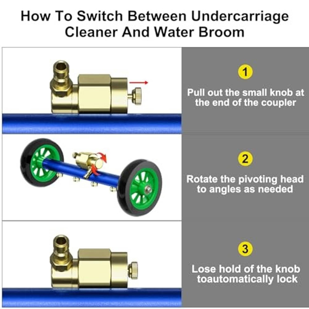 Blue pressure washer attachment with brass coupler for switching heads and green wheels