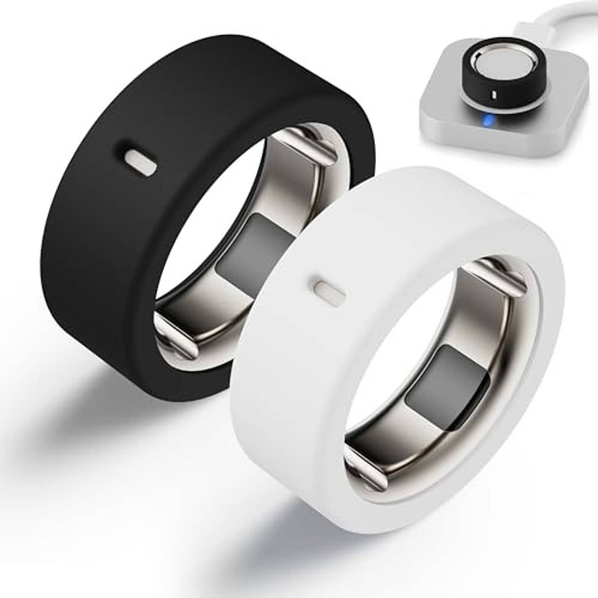 Black and white silicone ring protector cases with a compact charging dock