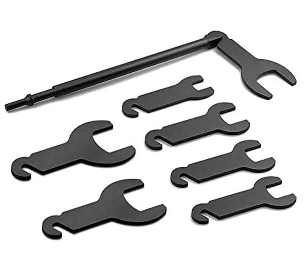 Pneumatic fan clutch wrench set with long handle and interchangeable jaw tools