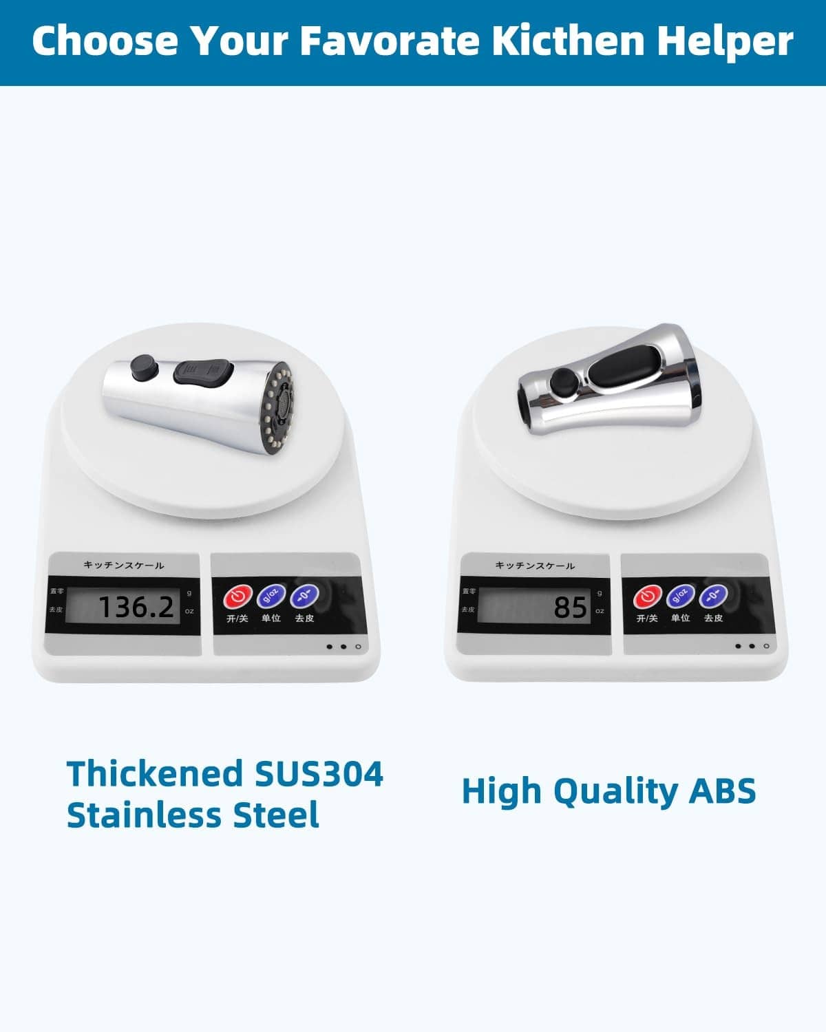 Faucet head material comparison: SUS304 stainless steel and ABS on digital scales