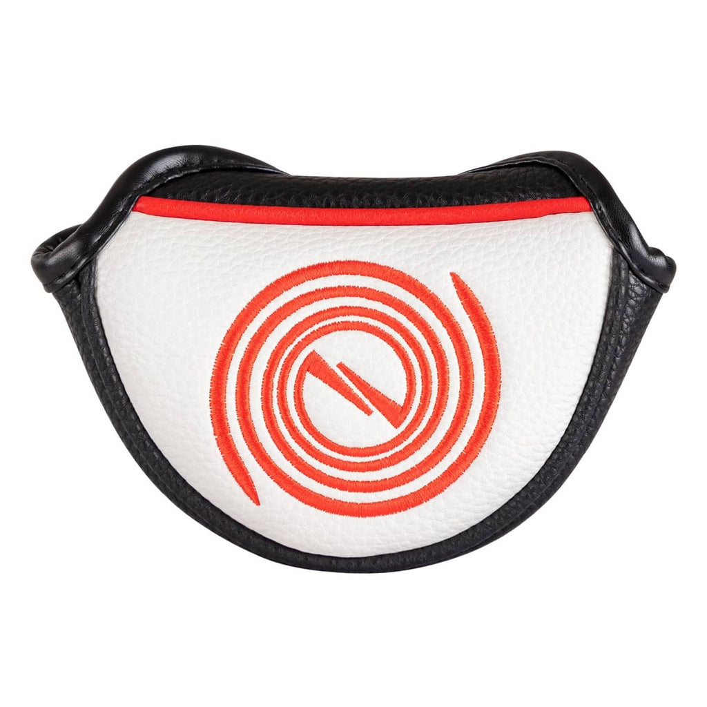 White putter headcover with black trim and red swirl icon, padded mallet club protector