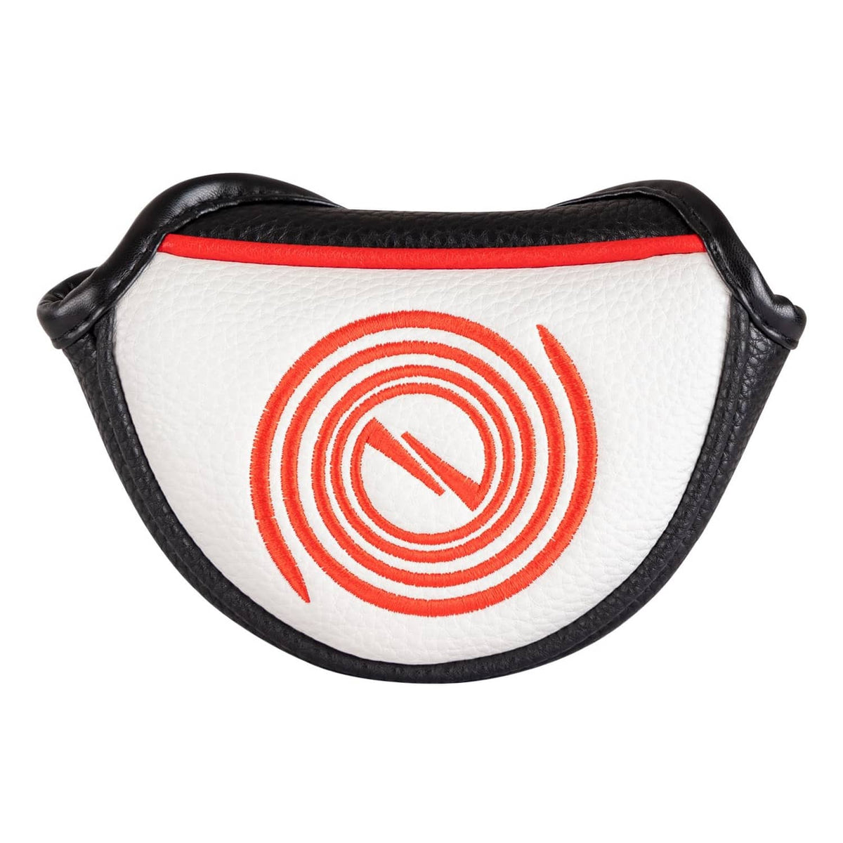 White putter headcover with black trim and red swirl icon, padded mallet club protector