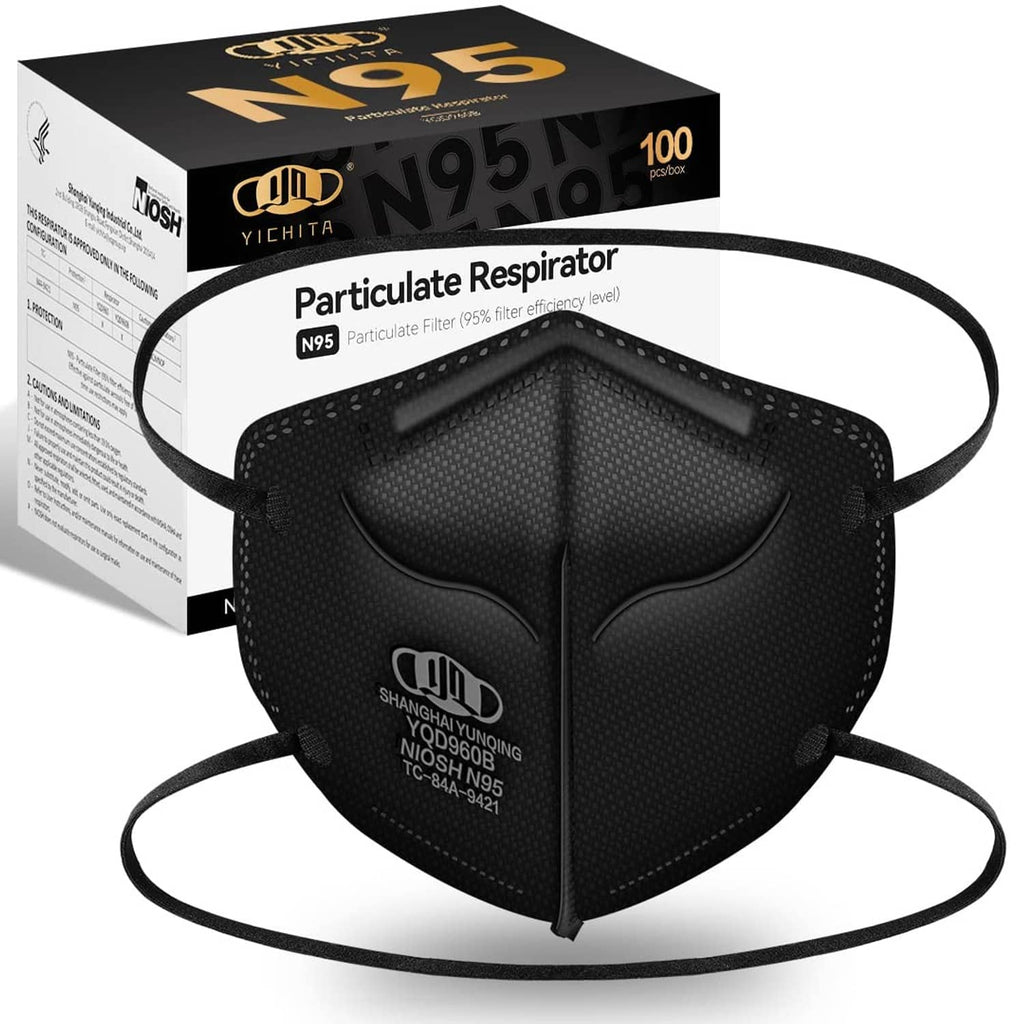 Black N95 particulate respirator mask with adjustable head straps and front valve