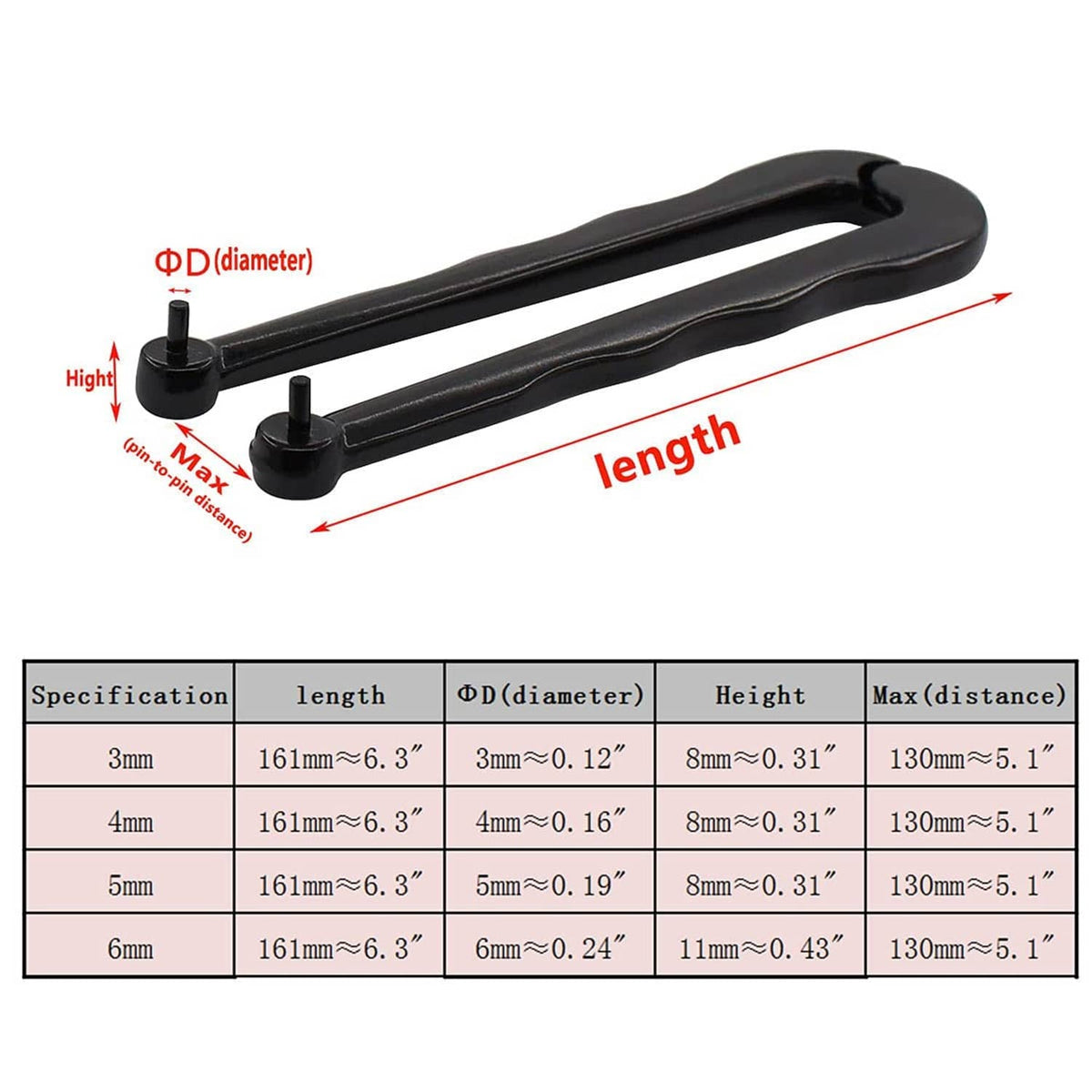 Adjustable pin tool size diagram showing length and pin diameter