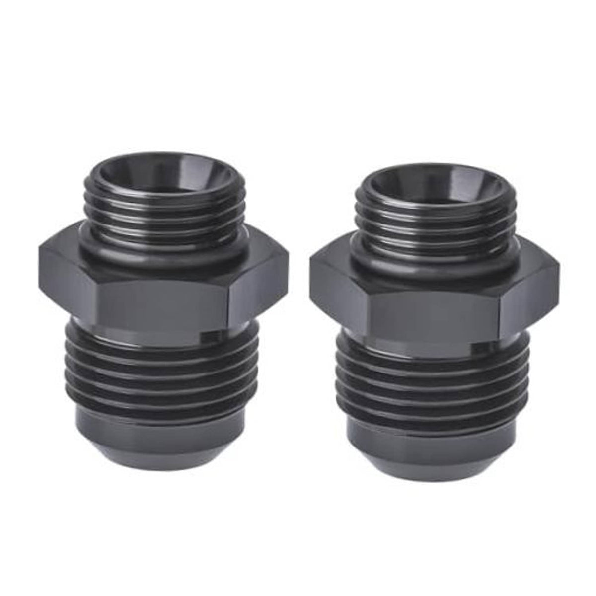 Pair of black AN-to-ORB adapter fittings with hex body and male threaded ends