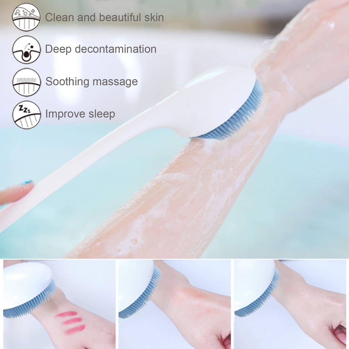 Silicone shower scrubber with blue bristle head for body massage and white handle.
