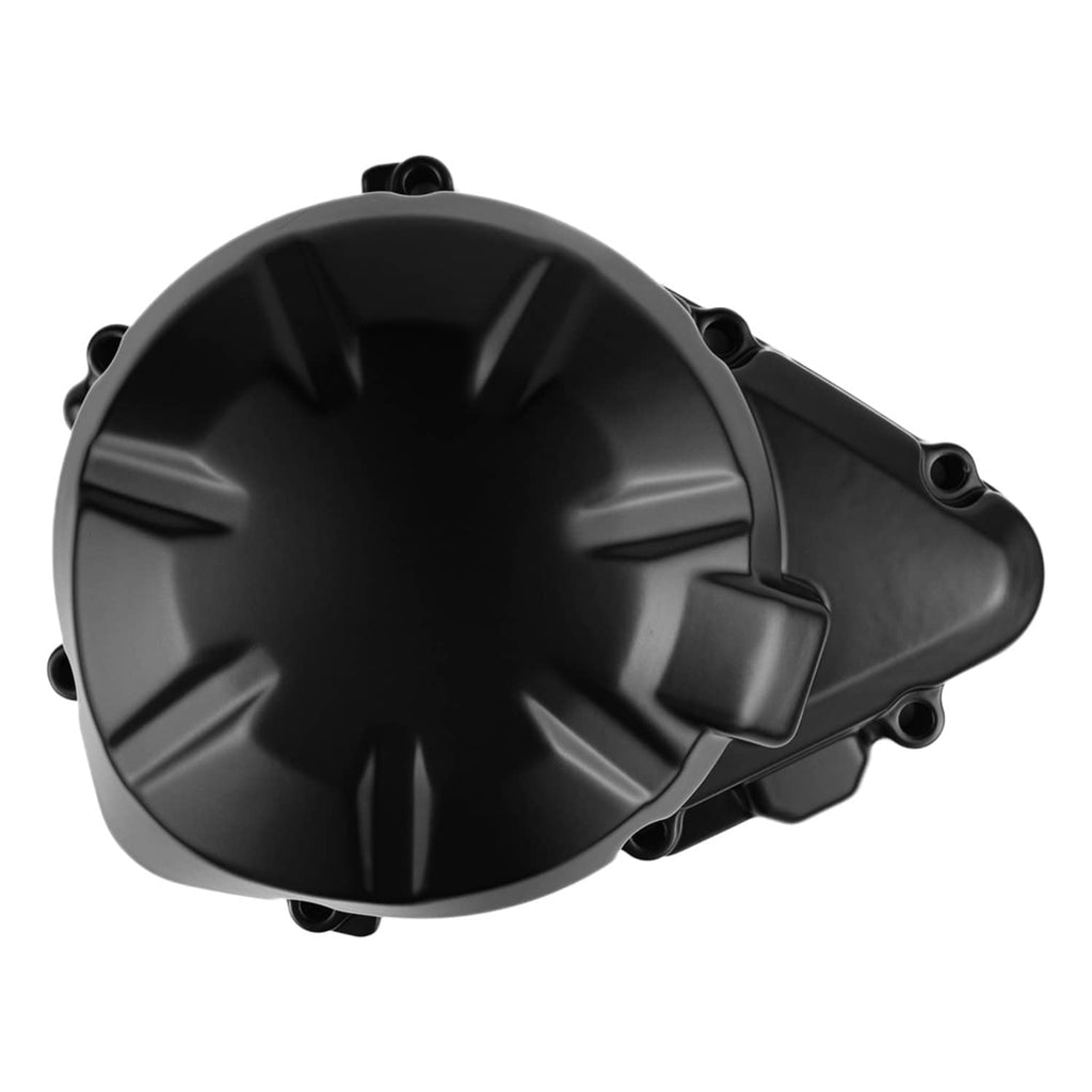 Black left engine crankcase cover with gasket, angled view of fan ribs and protrusion