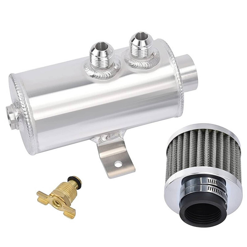 Aluminum oil catch can reservoir with breather filter, dual ports, and valve fittings