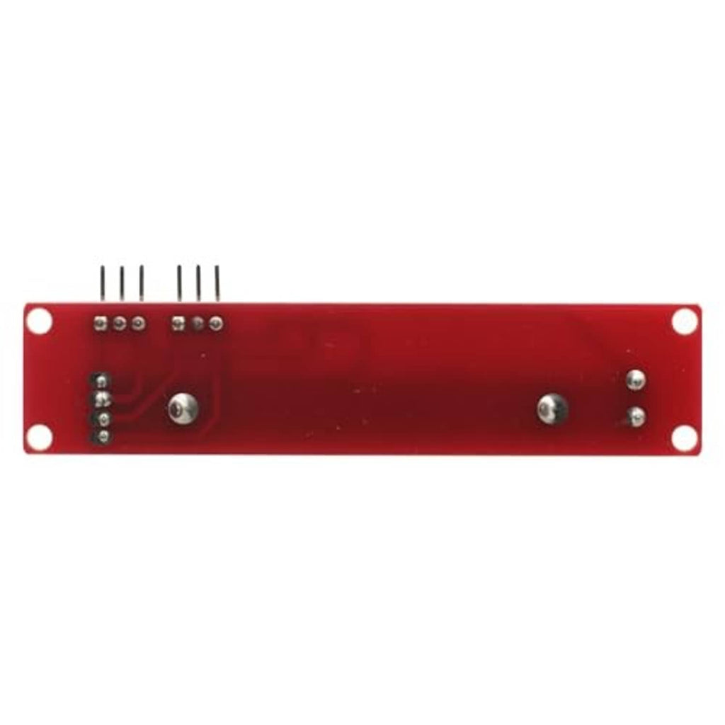 Slide potentiometer module back side: red PCB with two mounting holes and pin solder points