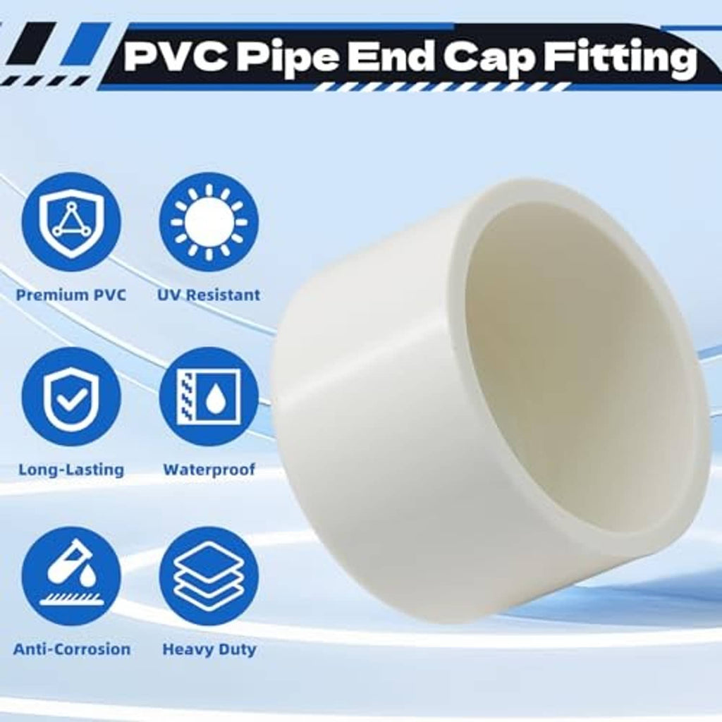 White PVC pipe end cap fitting with large round inlet, single piece design
