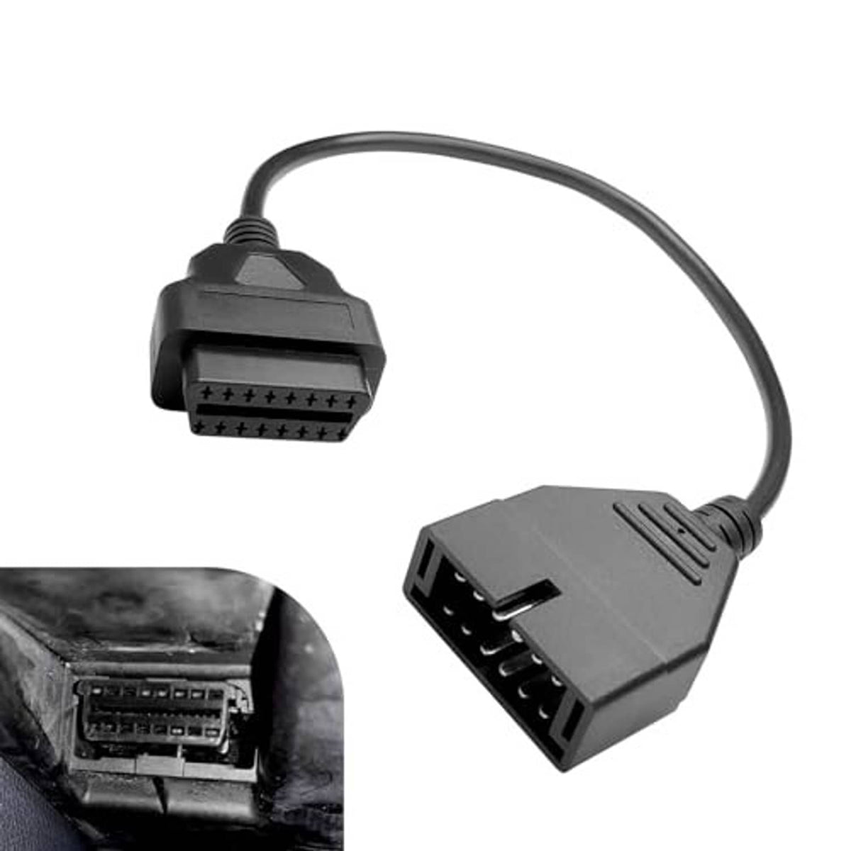 OBD1 to OBD2 adapter cable showing 12-pin plug and 16-pin socket connectors