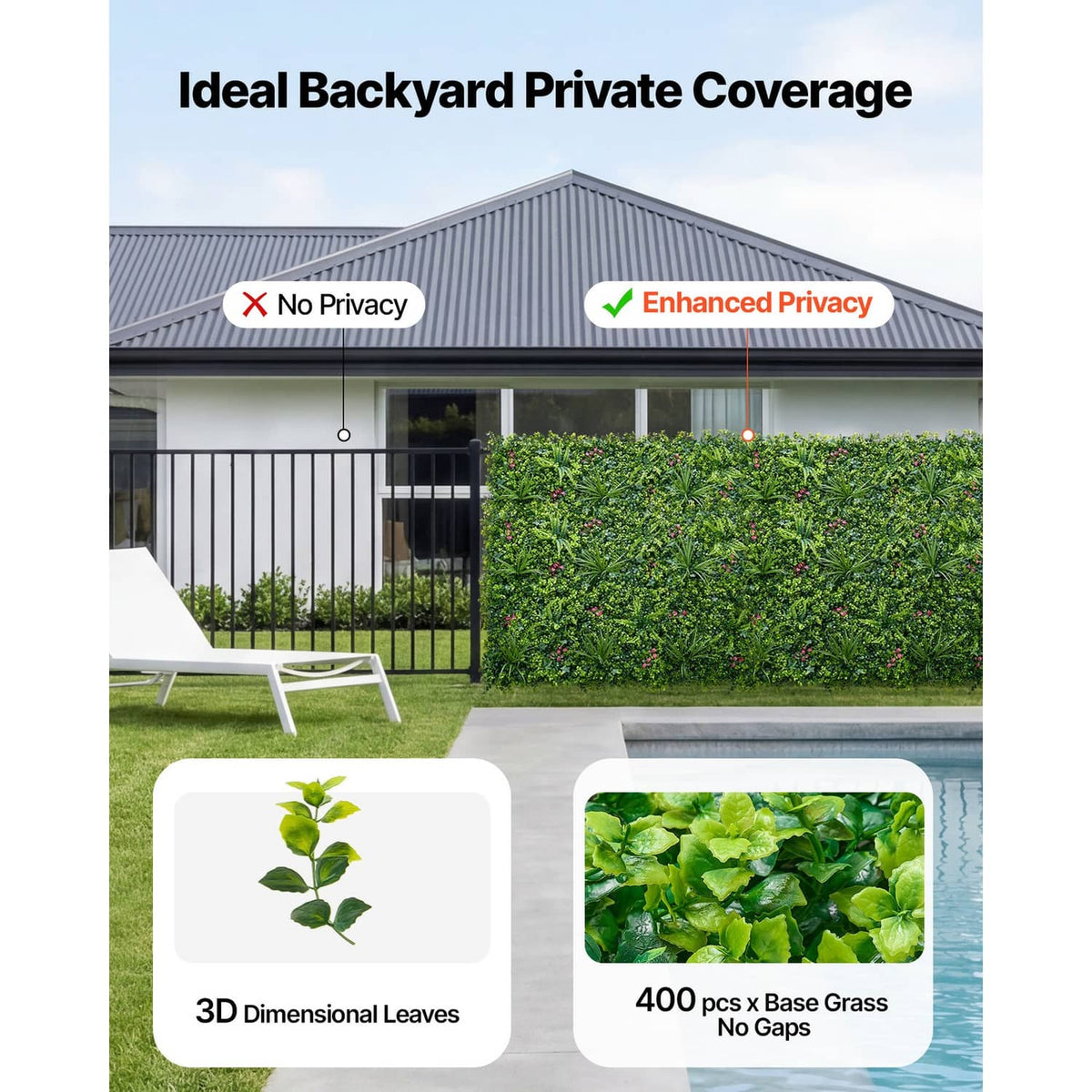 Artificial plant wall panel hedge section with dense green leaves and scattered pink blossoms