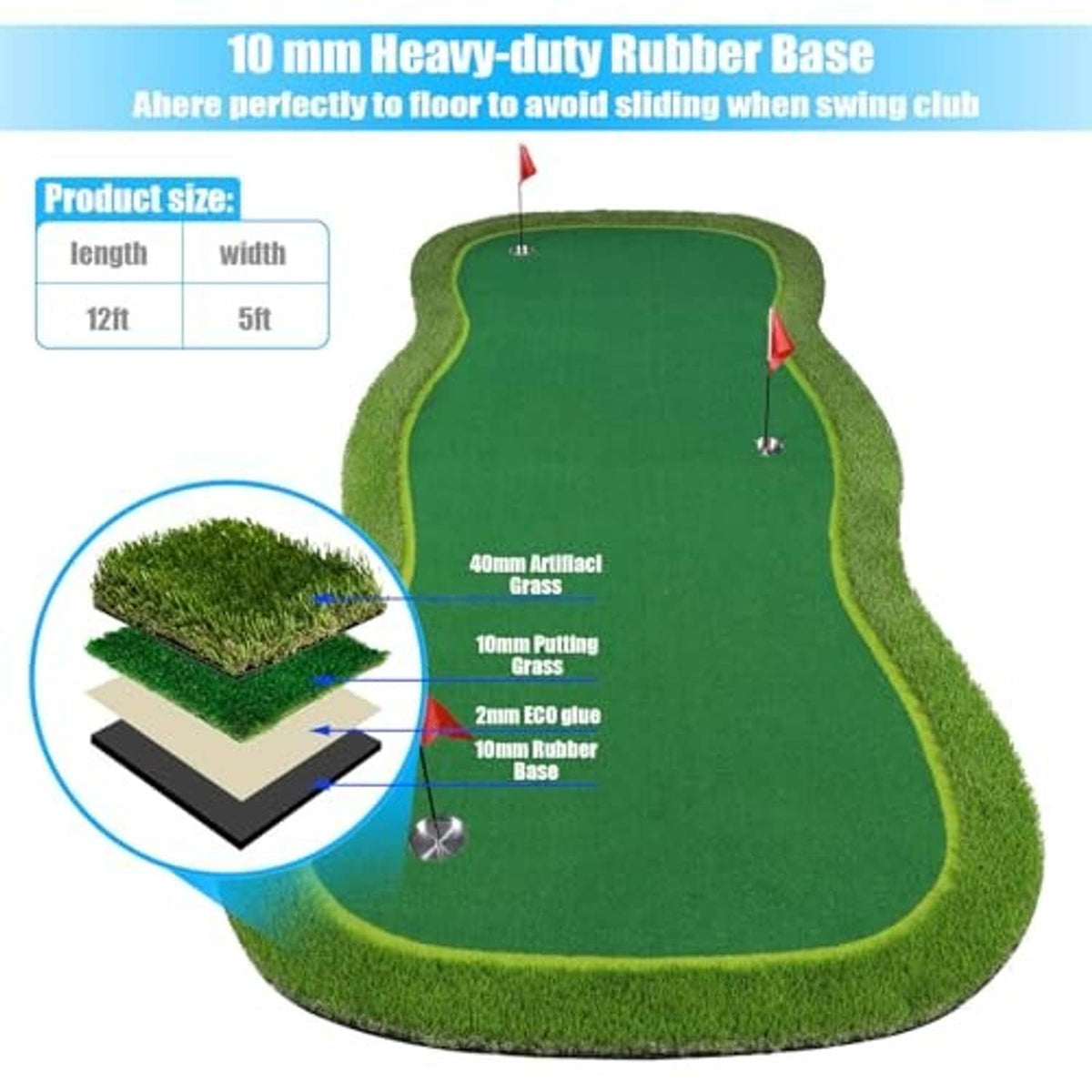 Green golf training mat with three holes and red flags, 10 mm rubber base