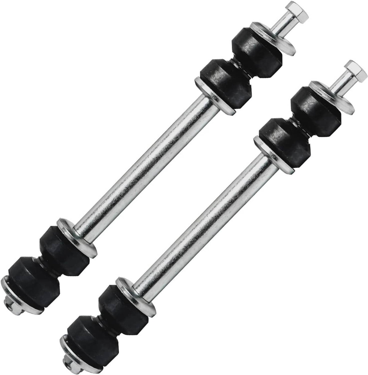 Tie rod ends with threaded studs and black joints, two steel links