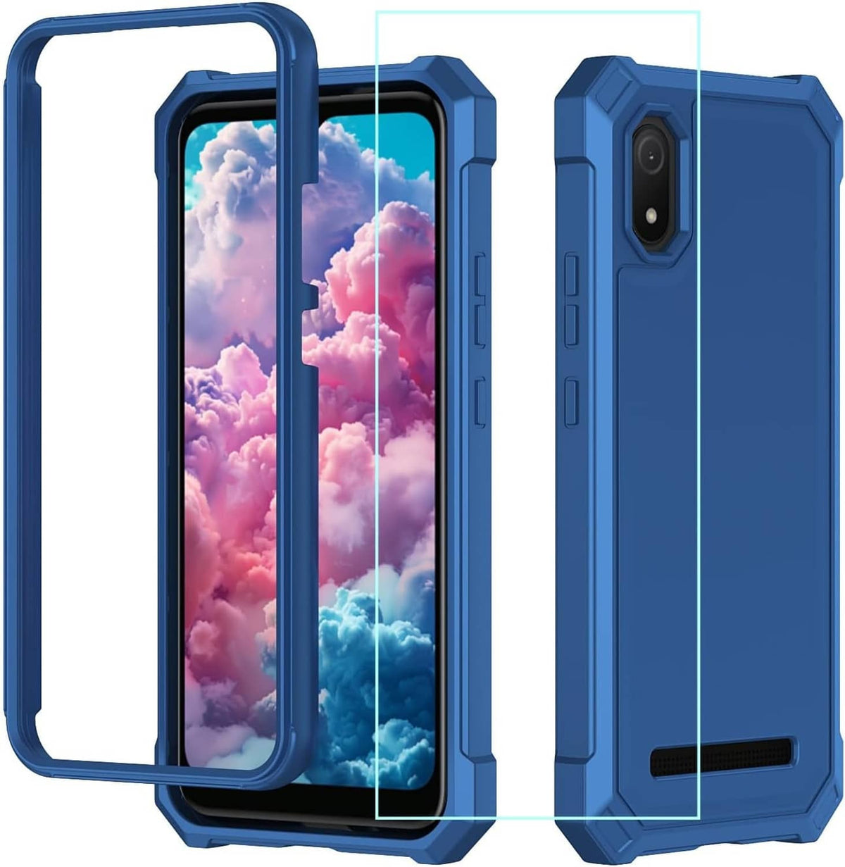 Blue rugged phone case with screen protector, Cloud C8 front cutouts
