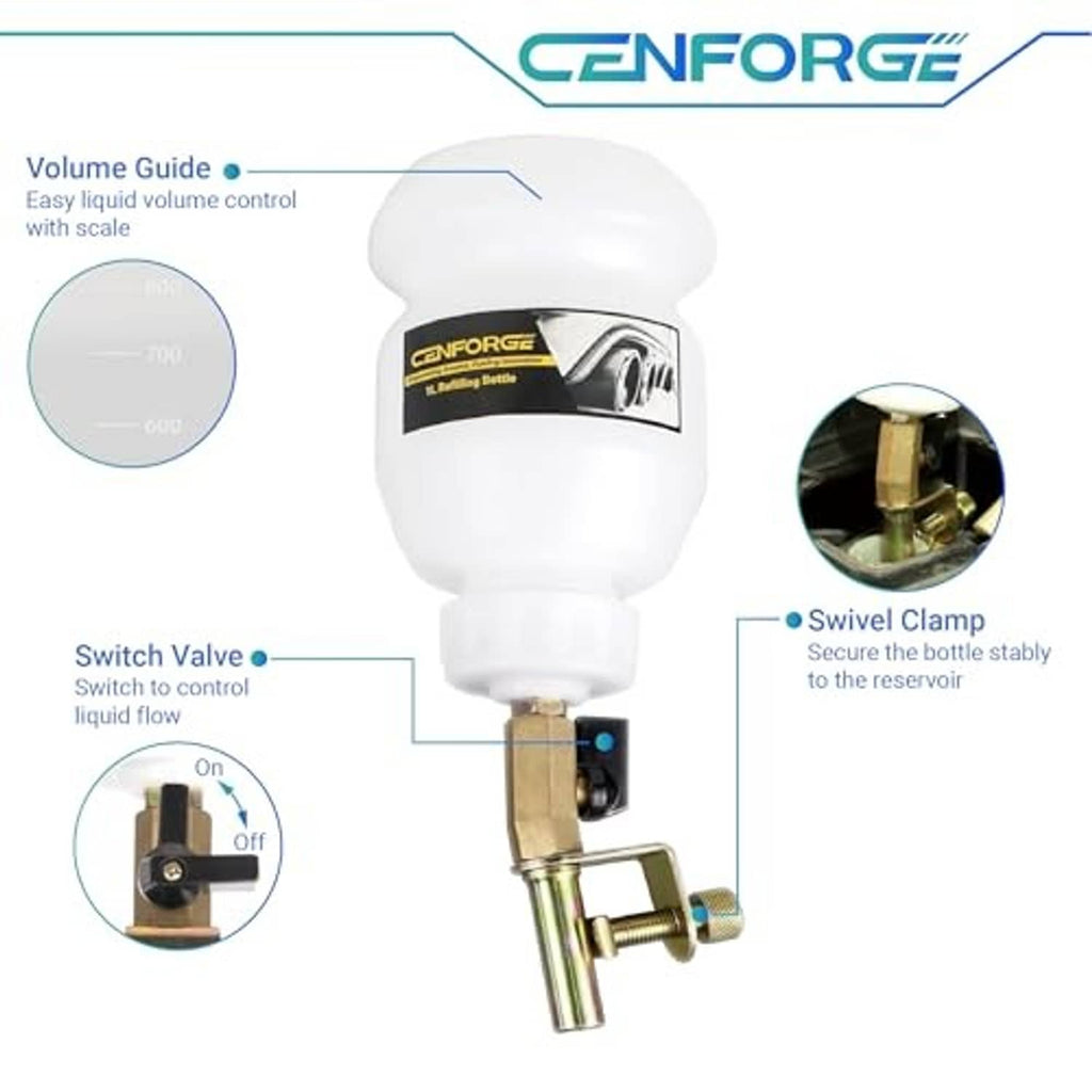 Reservoir bottle assembly with switch valve, swivel clamp, and volume guide control