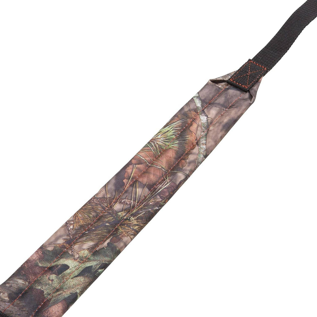 Camouflage padded gun sling section with black trim and orange stitching accents