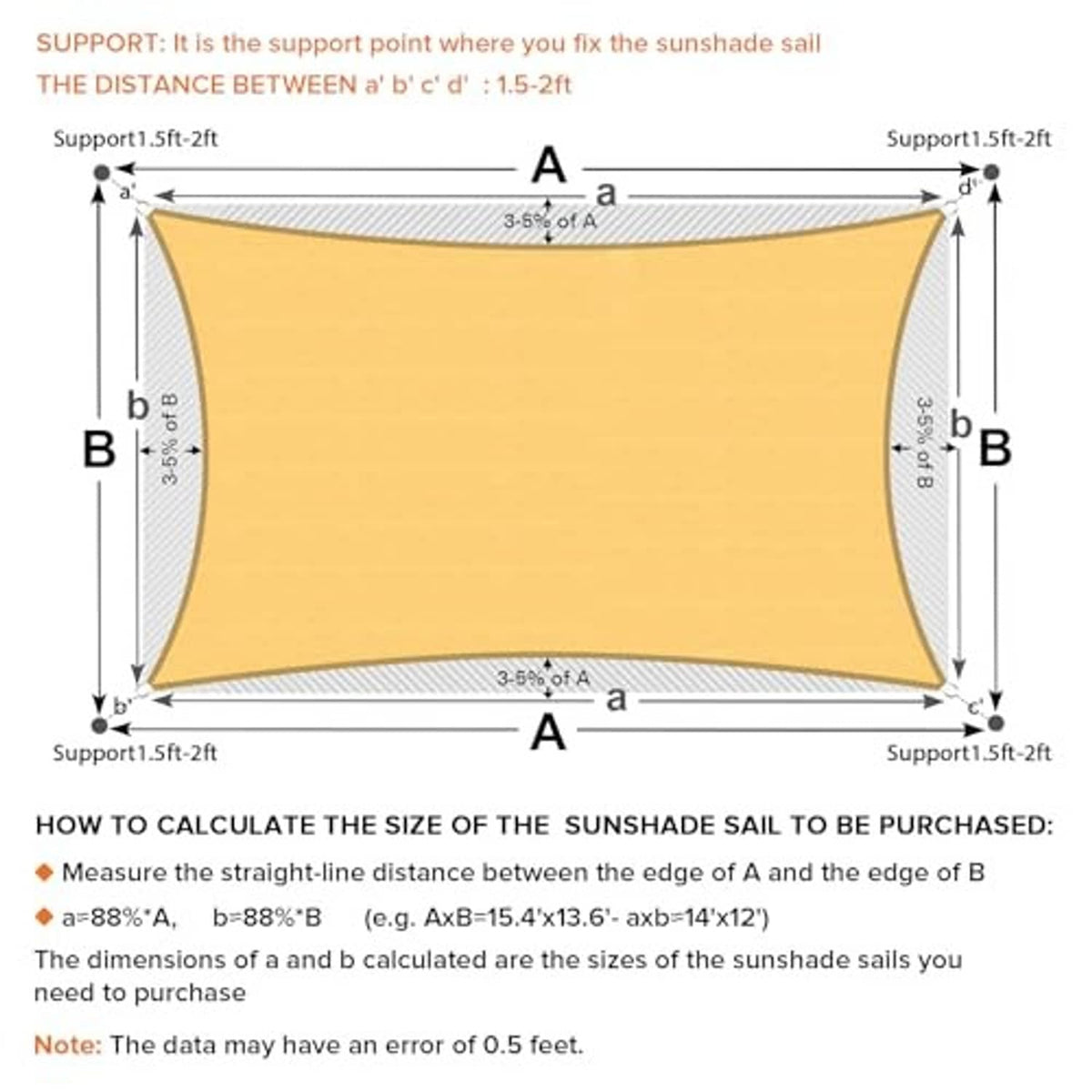 Sand beige sun shade sail rectangle size diagram with mounting support points and measurements.