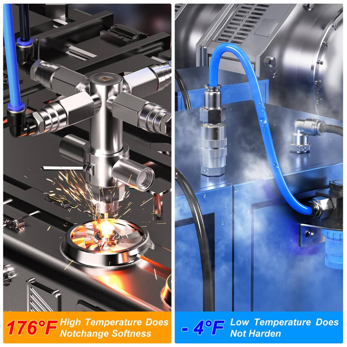Blue PU pneumatic air tubing with metal push fittings on an industrial manifold