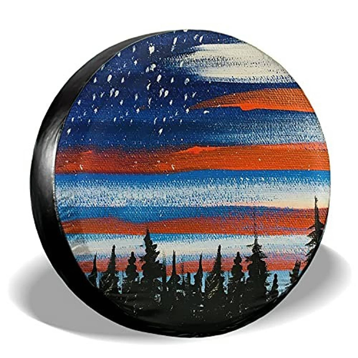 Spare tire cover, round shape, blue and orange striped landscape graphic