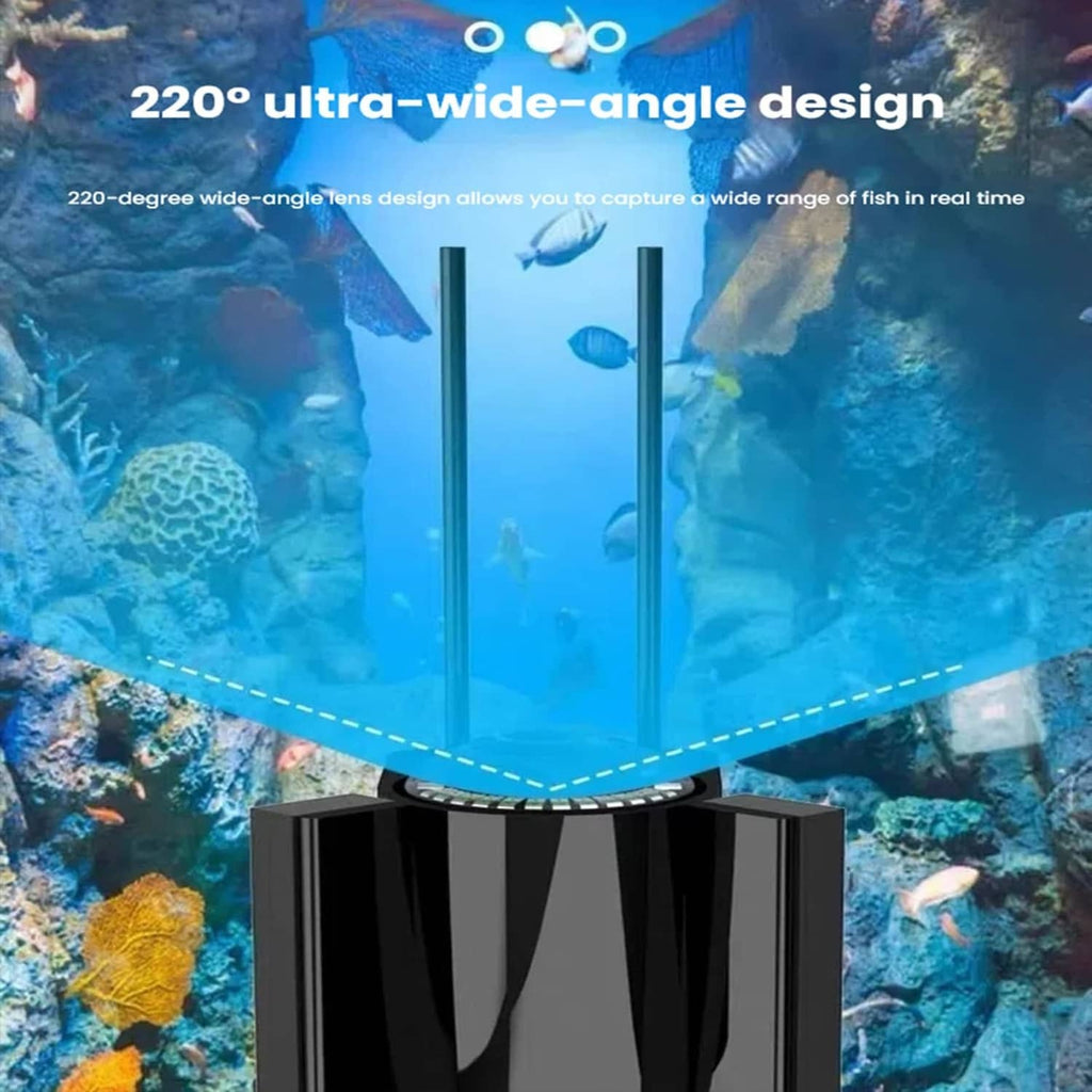 Black underwater fishing camera with wide-angle lens and protective frame, cable