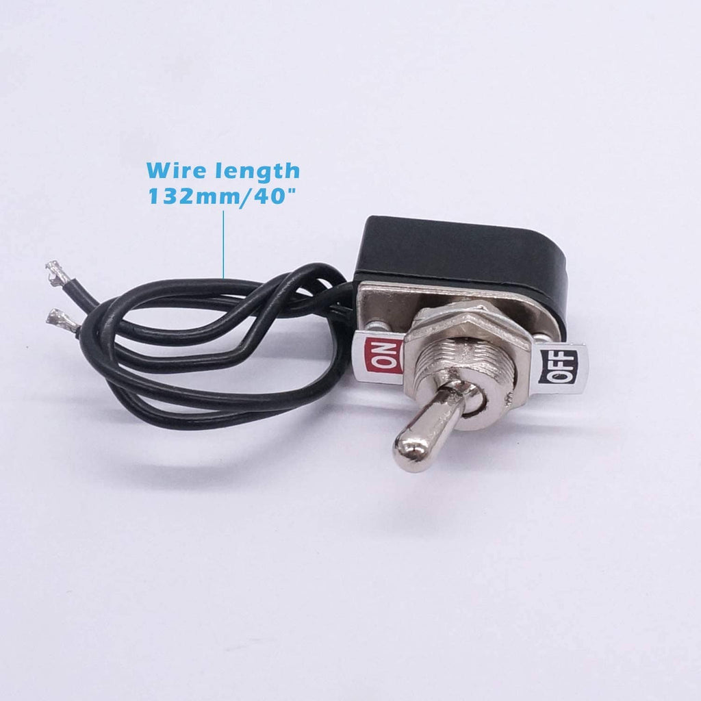 SPST toggle switch with 132mm black wire lead, metal actuator, and red ON/OFF tabs