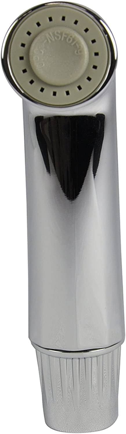 Close-up of chrome spray head with nozzle holes and small top label on attachment.