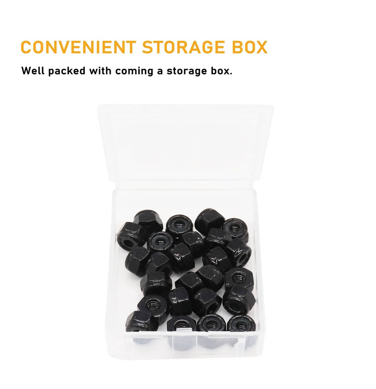 Black nylon insert lock nuts in a clear plastic storage box with compartments