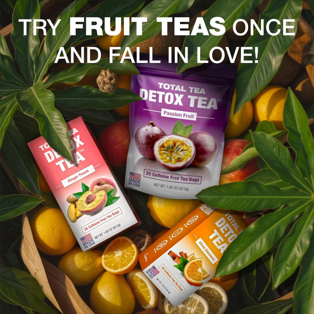 Assorted fruit tea bag boxes featuring citrus, berry, and pomegranate flavors