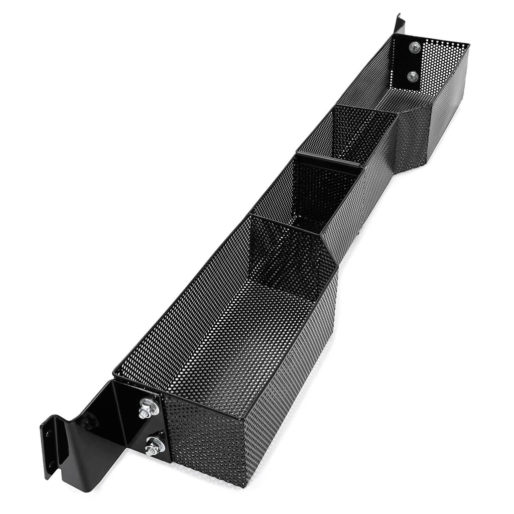 Front golf cart dash storage tray organizer with long black mesh compartments and end bracket