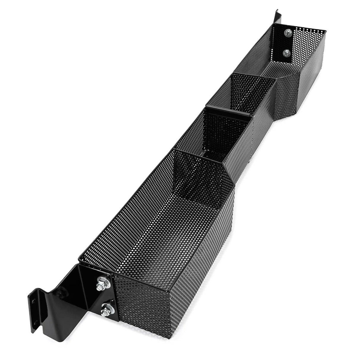 Front golf cart dash storage tray organizer with long black mesh compartments and end bracket