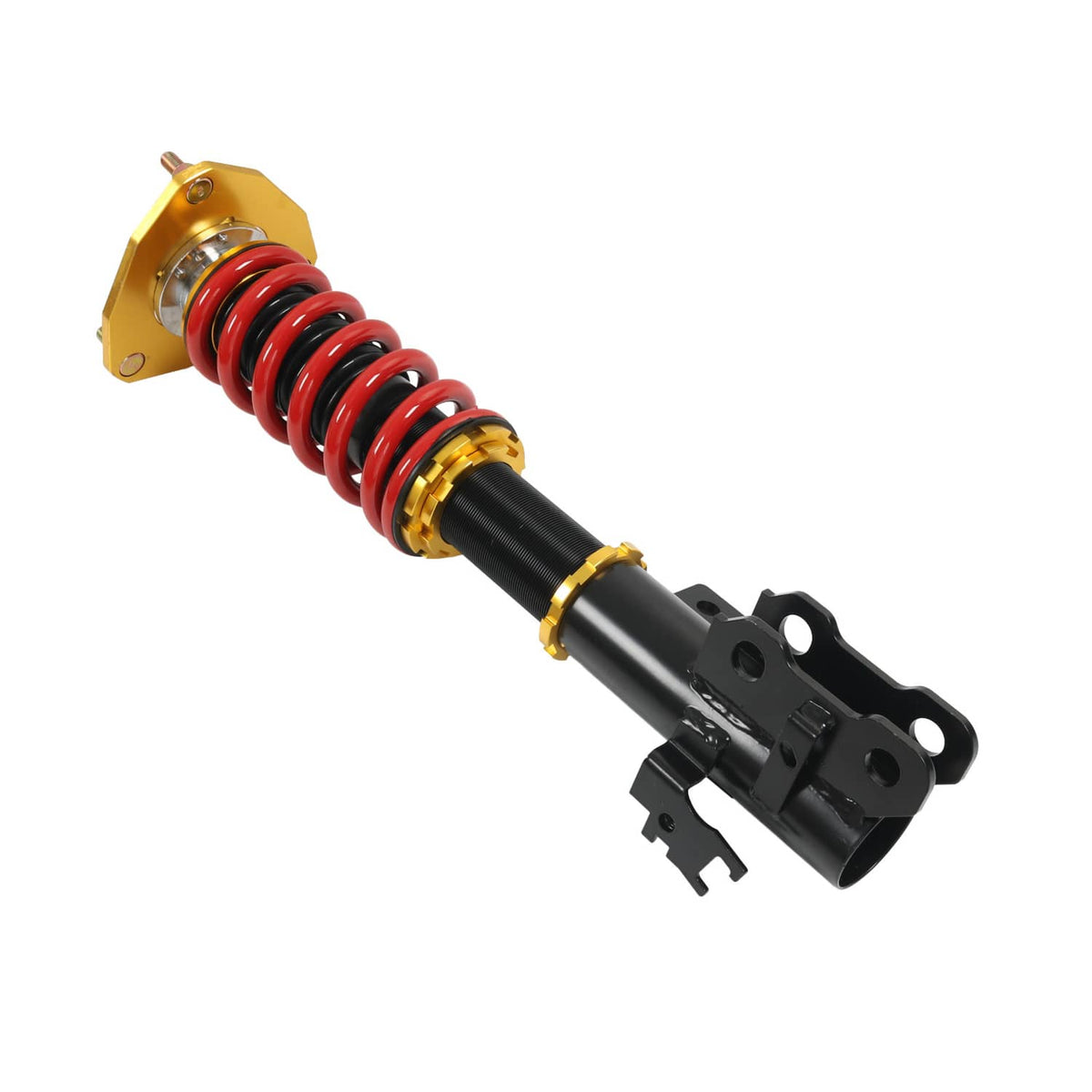 Coilover strut with red spring, yellow top mount, and black bracket and rod