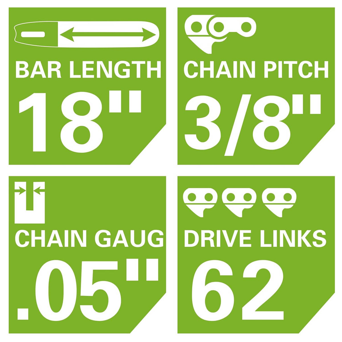 Chainsaw bar and chain combo spec icons: 18 in bar length, 3/8 in pitch