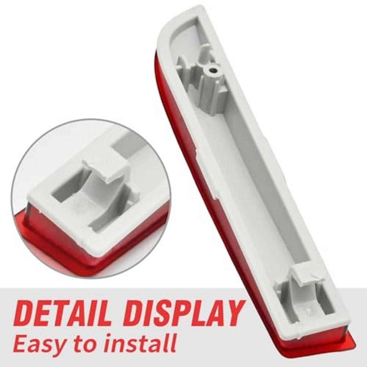 Red rear bumper reflector with white mounting bracket and clip-ready back
