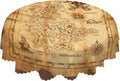 Round map-pattern tablecloth with scalloped edge, tan background and compass details