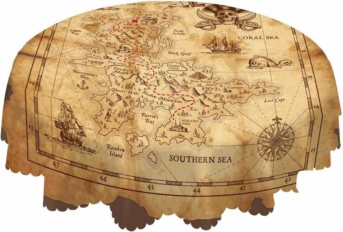 Round map-pattern tablecloth with scalloped edge, tan background and compass details