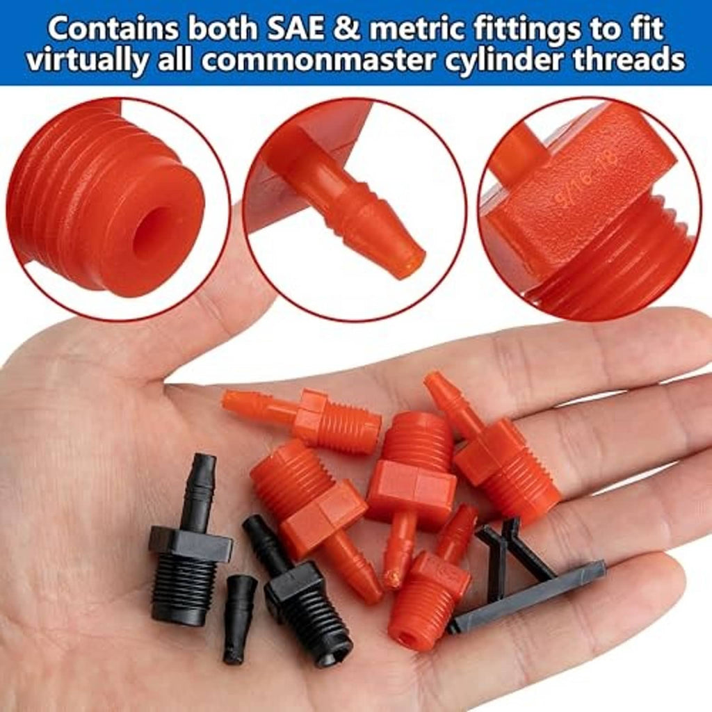 Red and black brake bleeder fittings set for SAE and metric master cylinder threads